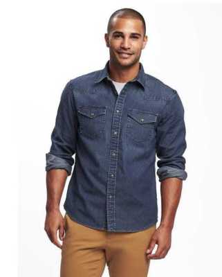 NEW MEN'S M L MT LT OLD NAVY SLIM FIT CHAMBRAY DENIM WESTERN COWBOY SHIRT W FLEX