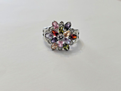 Multi Colored Flower Cubic Zirconia CZ Silver Plated Ring Sz 8