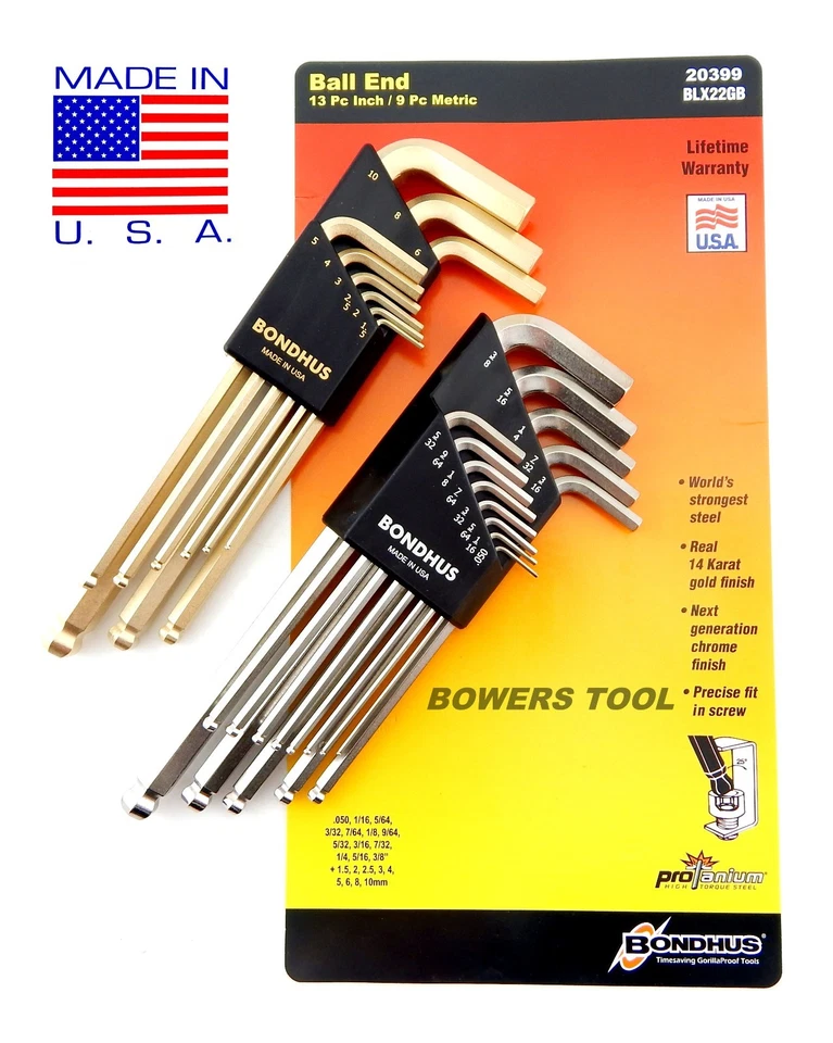 Bondhus 22pc GoldGuard BrightGuard Ball End Hex L Wrench Set Metric SAE Inch USA - Image 2 of 4