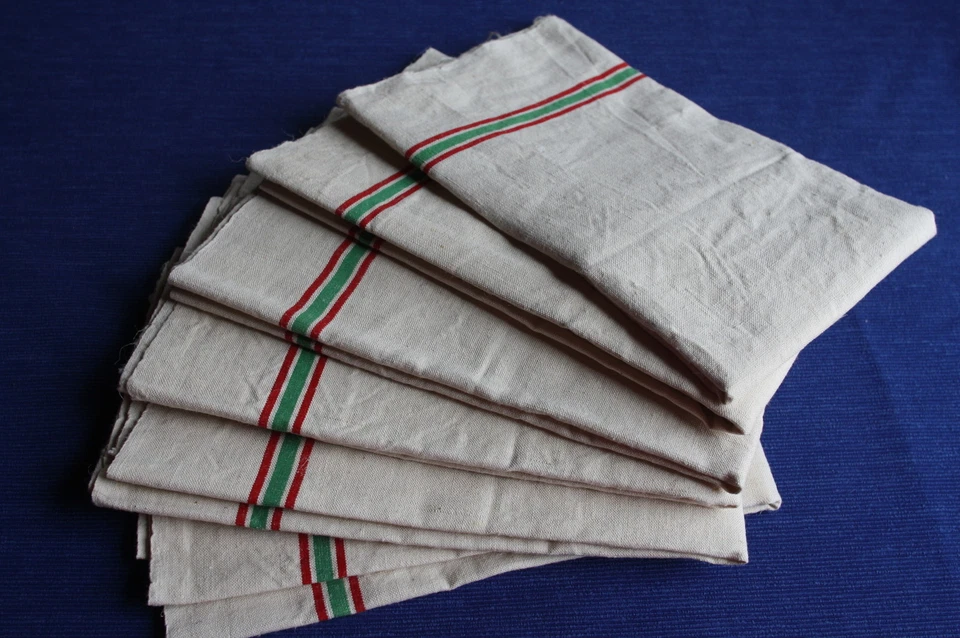 Lot de 6 torchons anciens toile de lin écru liteau vert rouge TORCHON  NEUF - Photo 4/4