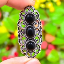 Natural Black Onyx Gemstone Handmade 925 Sterling Silver Ring Size 6 J179