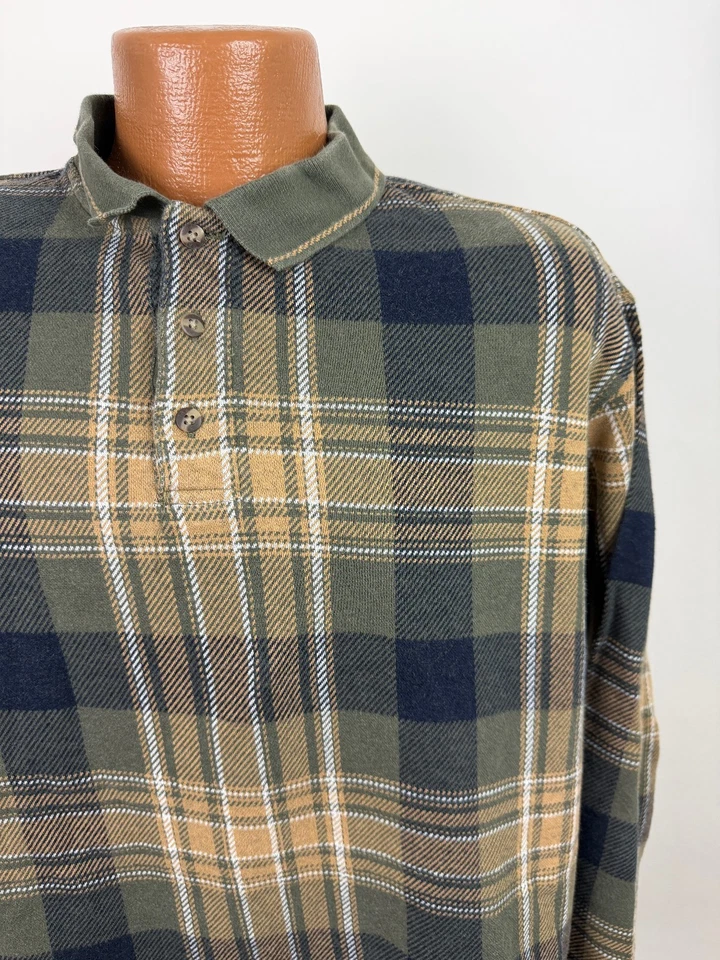 Vintage 90s Plaid Polo Shirt Men XL Sage Beige Grunge Long Sleeve Heavy Cotton - Image 2 of 4