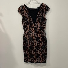 EVA FRANCO Anthropologie black pink lace sheer front midi cocktail dress S