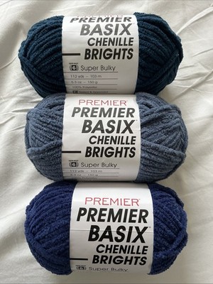 PREMIER BASIX CHENILLE BRIGHTS YARN LOT OF 3 SKEINS MIDNIGHT DENIM NAVY BLUE