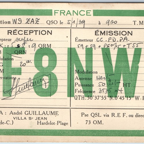 1939 Paris, France Radio QSL Card Amateur Ham Radio F8NW Villa St Jean PC 7S