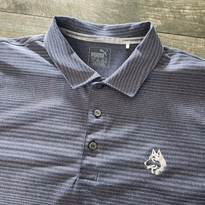 PUMA Golf Polo Mens Large Blue Striped German Shepherd Dog Logo Cell Performance