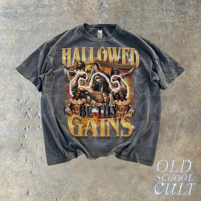 Hallowed Be Thy Gains Bootleg Shirt Vintage Style Gym