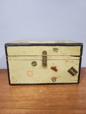 Vintage Child Steamer Trunk Dolls Wood Painted Green  Black w Travel Stickers