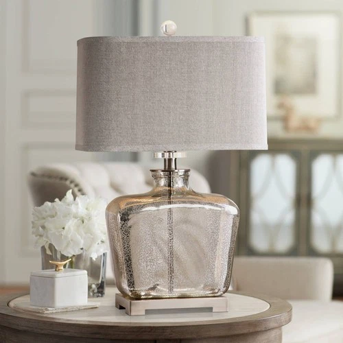 Modern Table Lamp 28" Tall Speckled Mercury Glass Beige Shade Living Room House - Picture 1 of 2