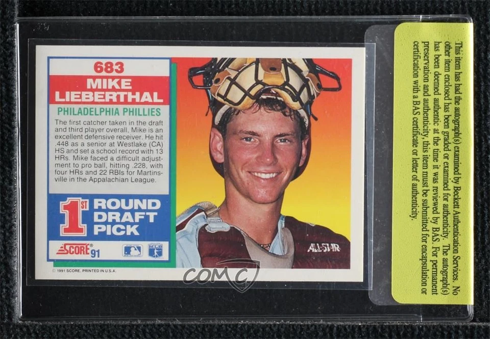 BAS 1991 Score Mike Lieberthal #683 Authentic Auto Rookie RC - Image 2 of 2