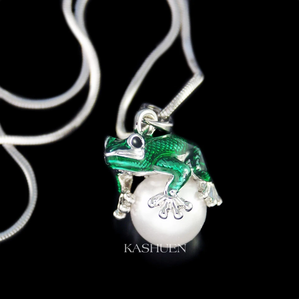 Collar Hecho en 3D con Perla de Swarovski Rana Verde Esmeralda Buena Suerte Animal Foto 2 de 4