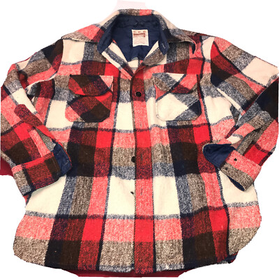 1970 S RARE RED black Wide Plaid Flannel Shirt Jacket heavy Wool Linen WARDS Vtg