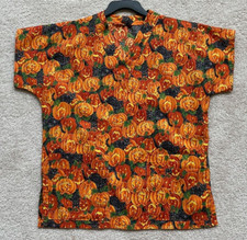 Handmade Halloween Jack-O-Lanterns  Black Cats Scrub Top Women's S/M  