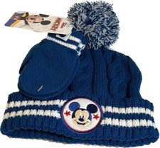 Mickey Mouse Disney Junior Beanie Mittens Set Boys Blue White Stripe Hat NEW