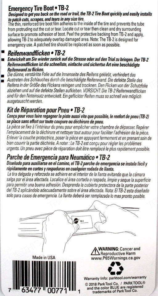 Park Tool TB-2 Emergency Road / MTB Bicycle Tire Repair Boot Kit - 3 Patch Pack — 第 4/4 张图片