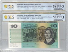 Consecutive Pair 1976 Knight Wheeler Centre Thread $10 Note PCGS Ch. AU 58 PP...