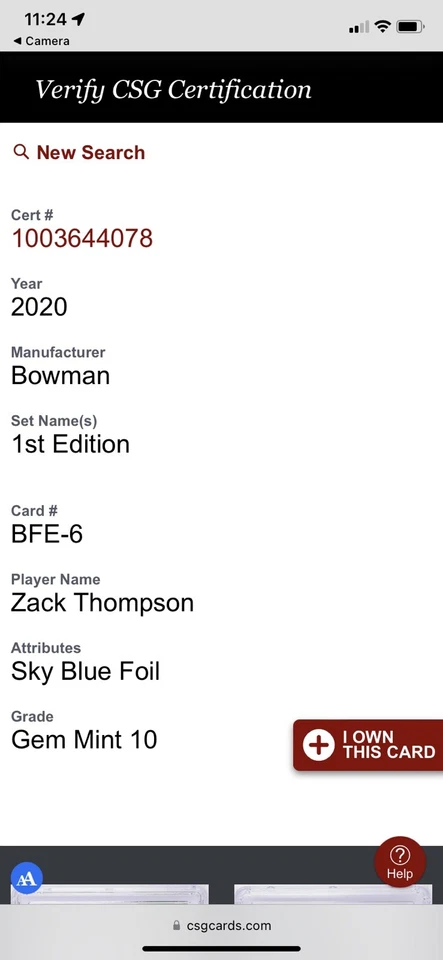 2020 Bowman 1st edition Zack Thompson Sky Blue foil csg 9.5 Pop 1 - Image 3 of 4