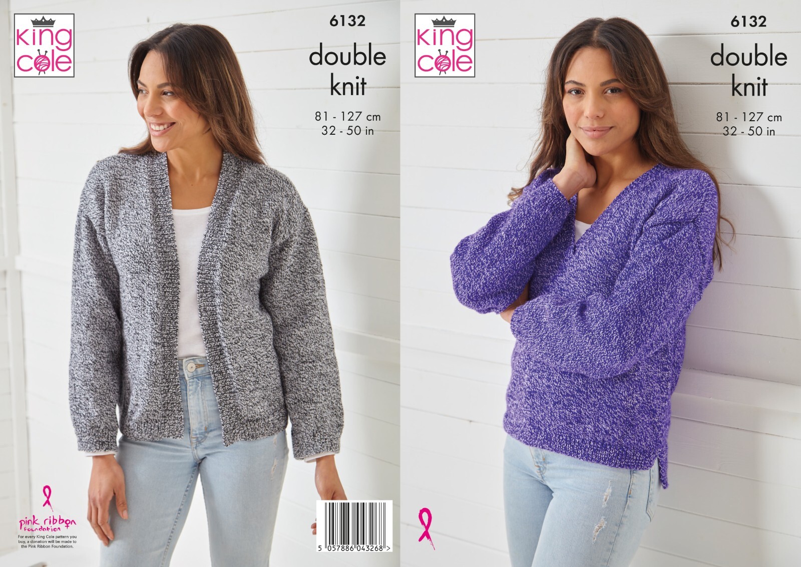 KING COLE KNITTING LEAFLET 6132.  SWEATER & CARDIGAN .  32-50ins/81-127cms.