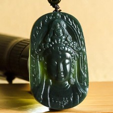 Certified Natural Dark Green HeTian Nephrite Jade GuanYin Head Pendant Necklace