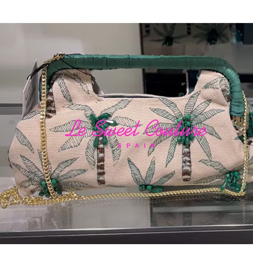 ZARA WOMAN NWT SS25 BEADED DETAIL CLUTCH ECRU PALMS 6301/510