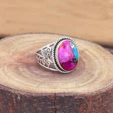 925 Sterling Silver Ring, Statement Silver Jewelry, Pink Oyster Turquoise Ring