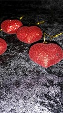 NEW 1 1/2" RED HEART GLITTER VALENTINE ORNAMENTS SET of 4 PUFFED HEART PLASTIC
