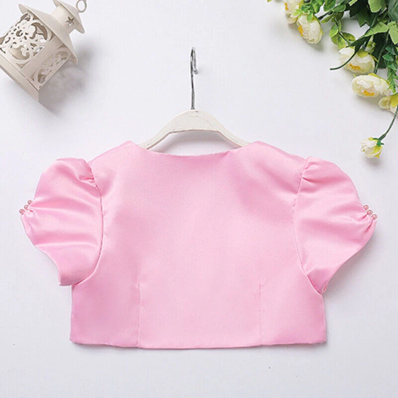 Niños Niñas Satén Top Abrigo Bolero Encogerse de hombros Chaqueta Capa 3D Flor Cuentas Boda Elegante Foto 3 de 4