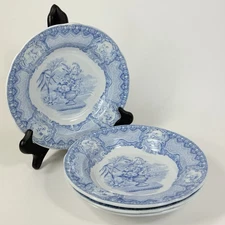 4 Antique Spode Copeland Blue Transferware Seasons Rimmed Soup Bowls 7.5"
