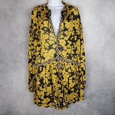 Free People Dress Womens Medium Yellow Floral Sheer Mini Swing Balloon Sleeve