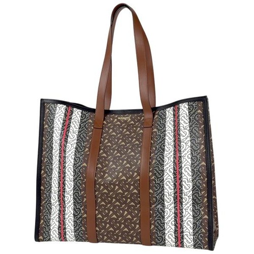 Burberry TB Coated Canvas Leather Brown Black Tote Bag #BS2949