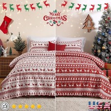 Reversible Christmas Quilt Set Soft Microfiber Coverlet W/ Pillow Shams New
