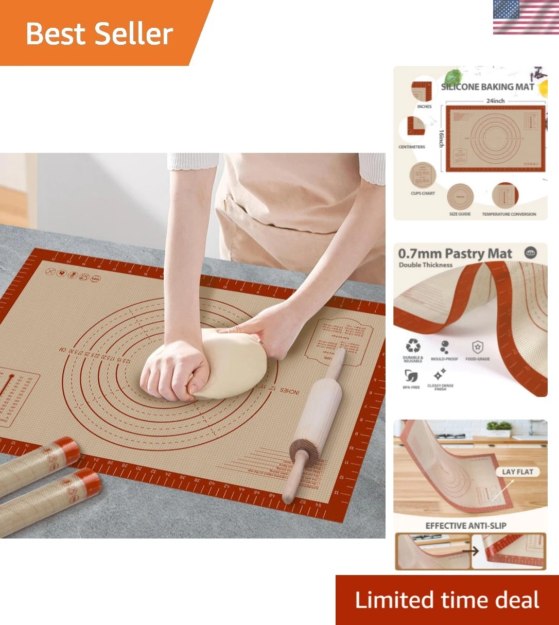 Silicone Baking Mat, 24" x 16" Baking Mat, Pastry Rolling Sourdough Baking Ma...
Opens in a new wind