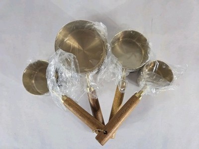 Crate & Barrel Gold Brass Measuring Spoons Set Of 4 Wood Handles Baking NWT