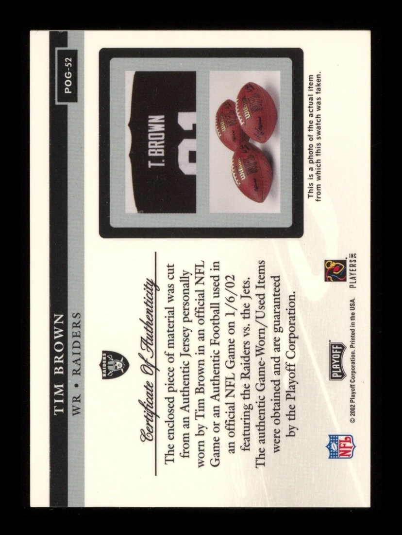 2002 Playoff Piece Of The Game: #POOG-52 Tim Brown Game Used Relic NR-MINT view 2