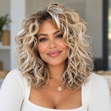 Women's Human Hair Wig 14in Golden Brown Long Wavy Layered Natural Full Wig