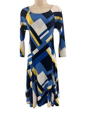 Ralph Lauren Blue Yellow Abstract Geometric Print Jersey Fit+Flare Dress Size M