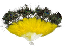 Vintage looking Peacock with Yellow Ostrich Feather Hand Holding Expandable Fan