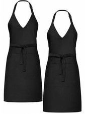 2 Pcs Unisex V Neck Apron 2 Pocket Tuxedo Server Apron Long Waist Solid Black