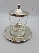 Vintage Jam Glass Pot With silver Plated Lid And Saucer & Spoon Sugar Jar