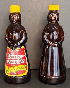 Vintage Mrs. Butterworth's Syrup Bottles Amber Glass 24 oz Plastic Cap 10"