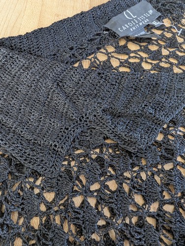 Vintage Black Sheer Net Top XL Open Crochet Long Sleeve Button Up Vamp Goth - Picture 4 of 12