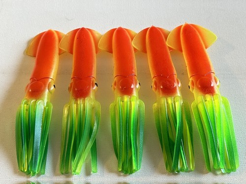 5 Pack SQUID FISHING LURE 9" NATURAL TUNA MARLIN MAHI Rasta Red Yellow Green