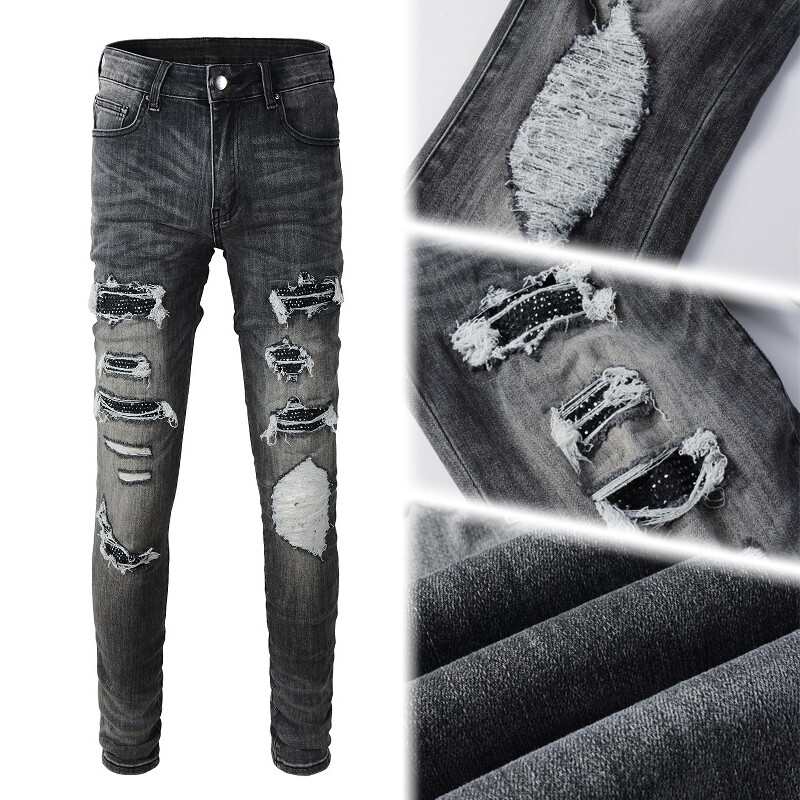 Men's Distressed Stretch Denim Ripped Skinny Jeans, Rhinesto