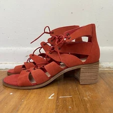 SOLE SOCIETY Sandals  Block Heels Red Suede Lace Up Size 6.5 M Block Heel 2 inch