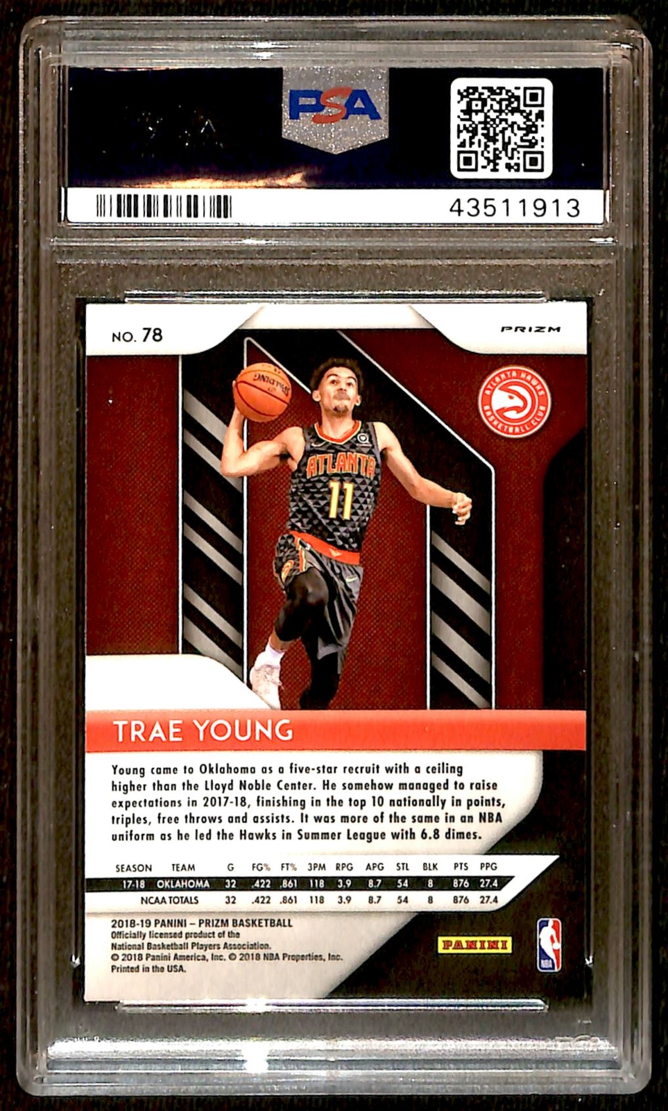 2018-19 Panini Prizm Rookies Silver Trae Young #78 PSA 10 ES6 view 2
