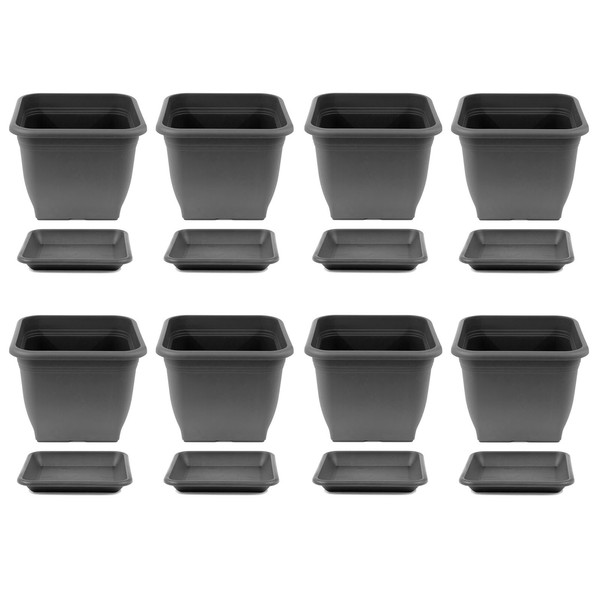 8X Pflanztopf 23 X 23 Cm Kunststoff Incl. Untersetzer Eckig Anthrazit Blumentopf-image