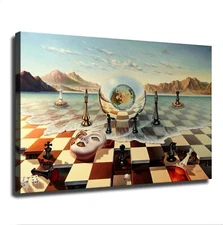 Salvador Dali Surreal Chess Board Mask Sea Poster Wall Art Painting Canvas Wall