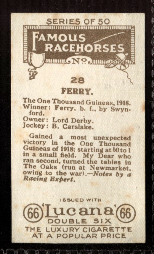Tobacco Card, Sandorides Lucana, FAMOUS RACEHORSES, 1926, Ferry, #28
