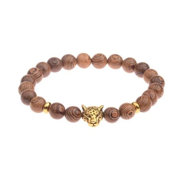 Pulsera Y2K Streetwear Oro Cabeza de Leopardo Cuentas de Madera Natural Hombre Foto 2 de 4
