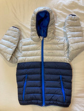 Eddie Bauer Reversible Down Puffer Jacket Kids Small 7/8 Hooded Full Zip Pockets